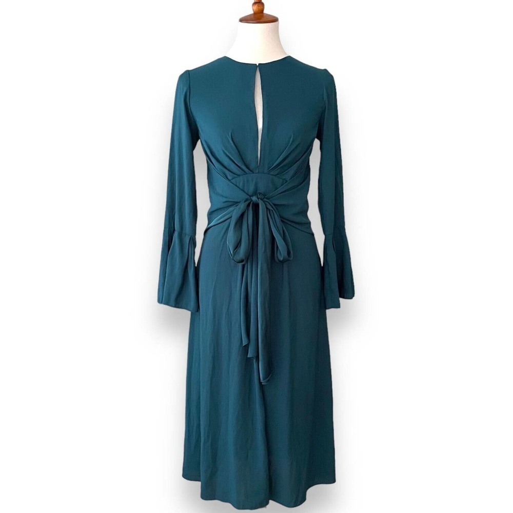 Tome Fit & Flare Midi Dress Teal Blue Bell Sleeve Tie Waist Keyhole Size 2
